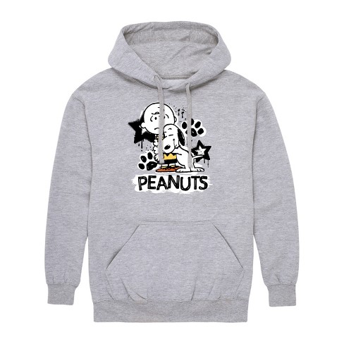 Men s Peanuts Charlie Brown and Snoopy Hug Graffiti Graphic Fleece Pullover Hoodie Athletic Heather Small