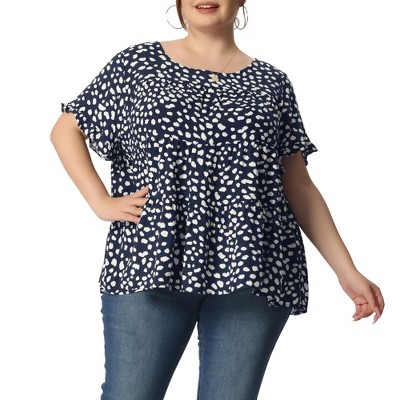 Agnes Orinda Women's Plus Size Polka Dots Casual Round Neck Flutter Sleeve Peplum Babydoll Blouses