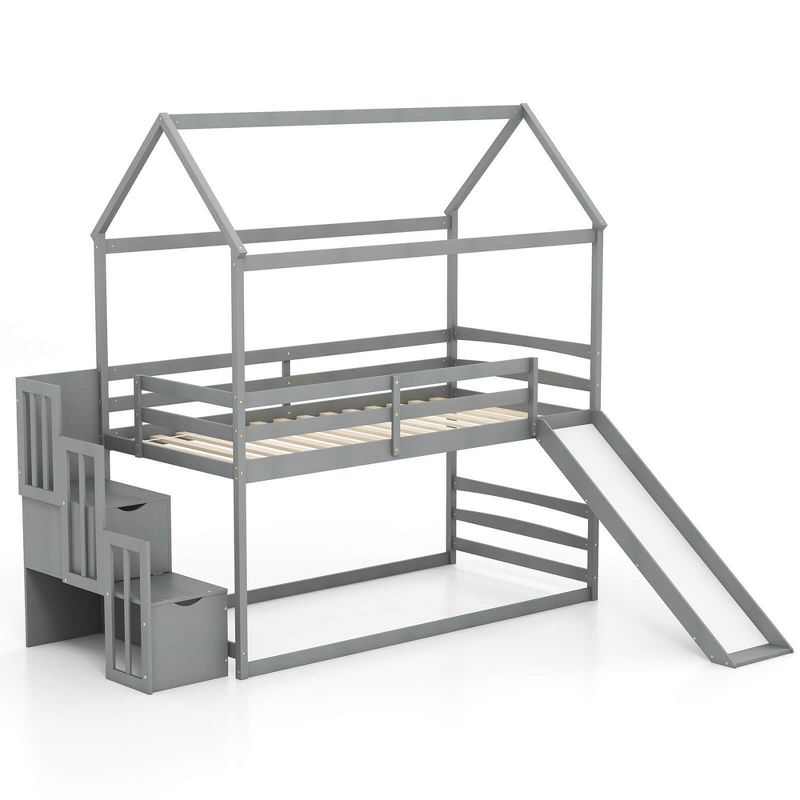Tangkula Loft Bed w/ Slide & Storage Staircase Twin Over Twin House-shaped Bunk Bed, 1 of 11