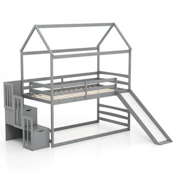 Tangkula Loft Bed w/ Slide & Storage Staircase Twin Over Twin House-shaped Bunk Bed