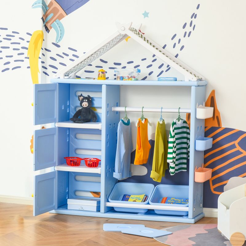 Qaba Kids Toy Storage Organizer with 2 Bins, Coat Hanger, Bookshelf and Toy Collection Shelves, 2 of 10