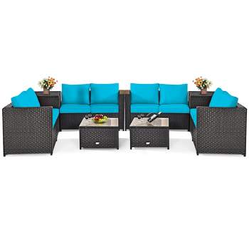 Costway 8PCS Outdoor Patio Rattan Furniture Set Cushioned Loveseat Storage Table Red\Navy