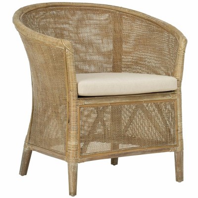 Transitional Whitewashed Rattan Armchair with Off-White Linen Cushion