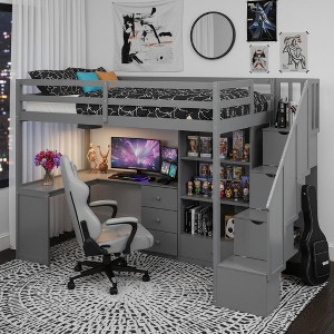Whisen 94.4''L*57.4''W Wood Loft Bed with L-Shaped Desk and Drawers, Cabinet and Storage Staircase - 1 of 4