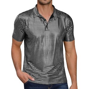 BLUEMING Mens Shirt Short Sleeve Polo Vintage Sequin Metallic 70s Outfits Party Costume Top - 1 of 4