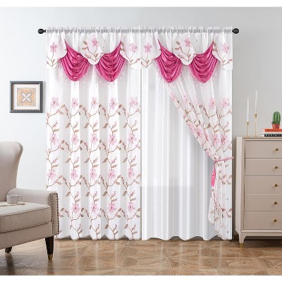 Home Mart Goods Pink White Luxury Floral Embroidery Rod Pocket Window Panel Attached Valance Satin Backing 2 Tie Backs Curtain Set (2 Panels)