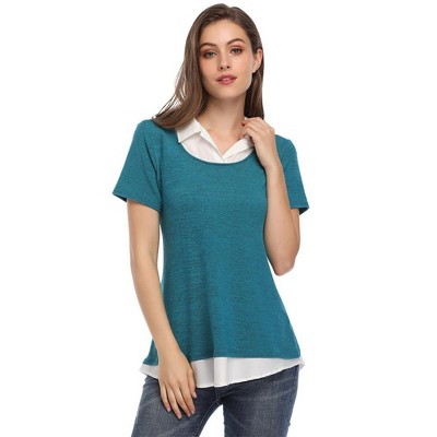 WhizMax Women's Short Sleeve Contrast Collared Shirts Patchwork Work Blouse Tunics Tops