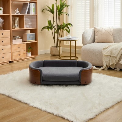 Elevated Dog Bed Pet Sofa with Solid Wood Legs and Bent Wood Back, Velvet Dog Bed with Removable Washable Cushion Cover - Cuddlewood