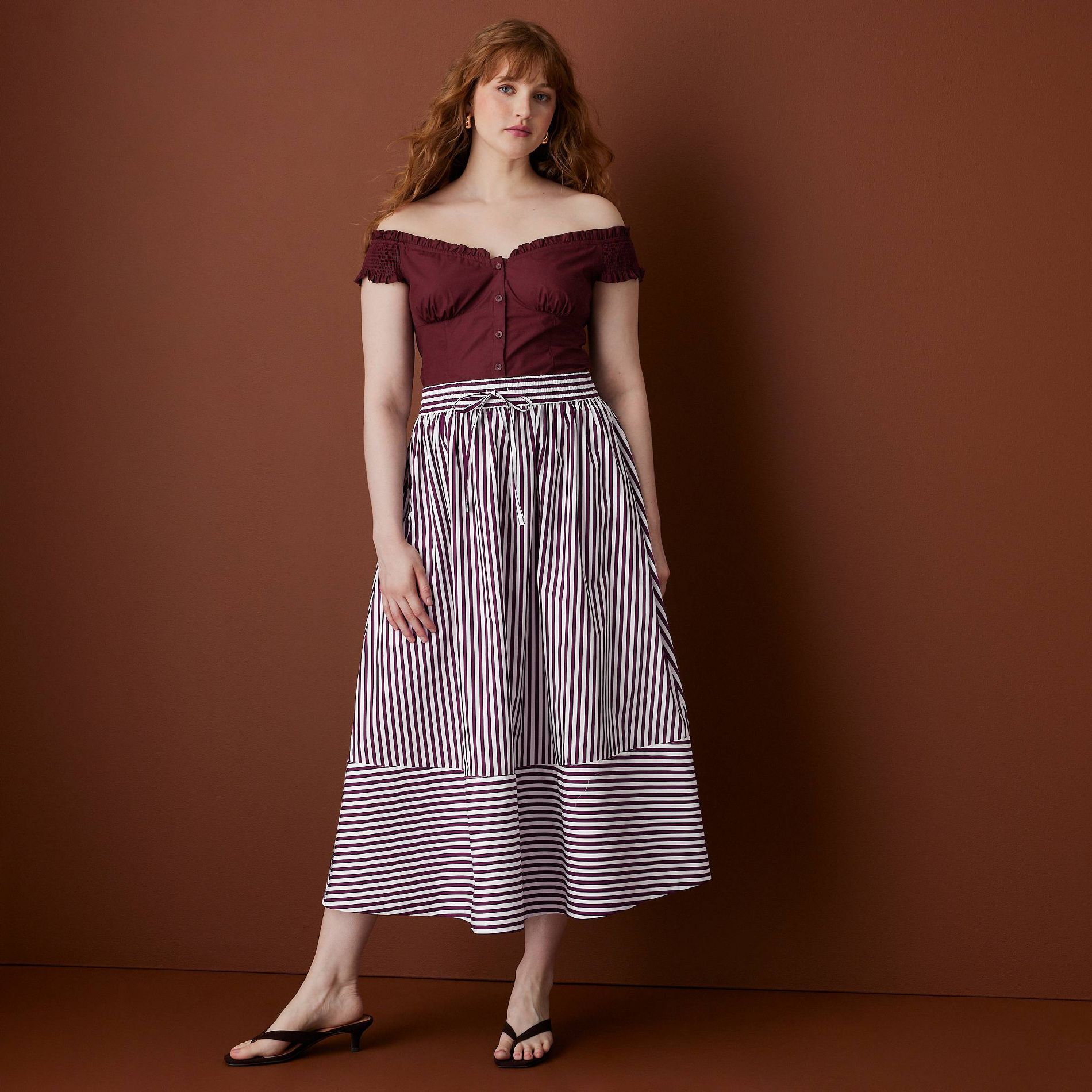 Women's Drawstring Poplin Striped Full Midi Skirt - Rosie Assoulin x Target Burgundy XS