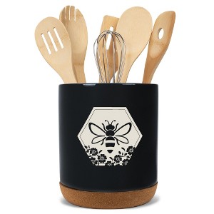 Elanze Designs Bee Honeycomb Flowers Arrangement Hive Ceramic Cork Bottom Black Large Capacity Utensil Holder Crock for Countertop Storage, Stylish & - 1 of 4