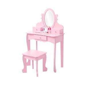 Kids Vanity Set, Makeup Vanity with Mirror & Stool, Wooden Princess Makeup Dressing Table with Drawer and Chair for Girls - 1 of 4