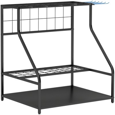 Outsunny Garden Tool Organizer for Garage, 3 Tier Yard Tool Storage Rack with Hooks, Blue