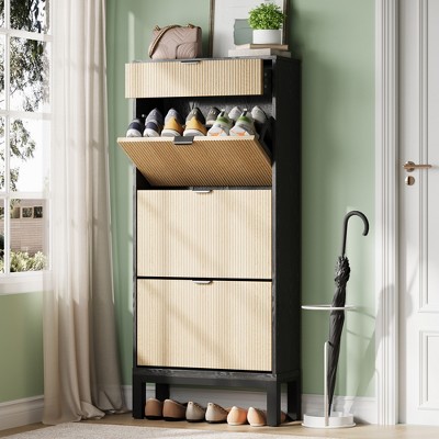 Garvee Shoe Storage Cabinet with 2/3/4 Flip Drawers,Farmhouse Fluted Shoe Organizer,Freestanding Hidden Slim Narrow Shoe Rack for Entryway,Foyer