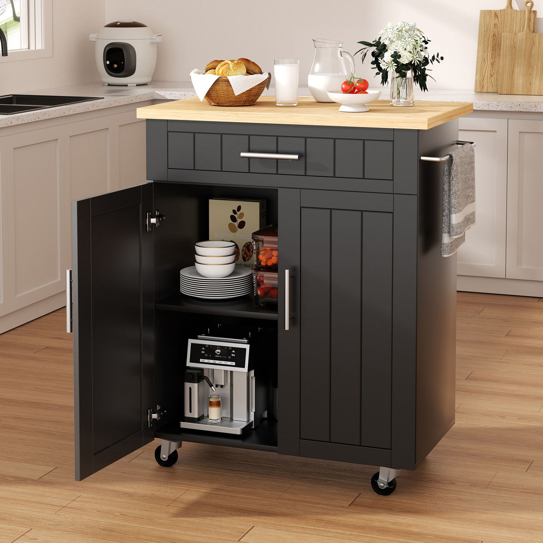 Celebalcony Wood Kitchen Island, Kitchen Island Cart with One Double Cabinet,Drawer, & Towel Rack. Rolling Storage Cart for Kitchen, Living Room