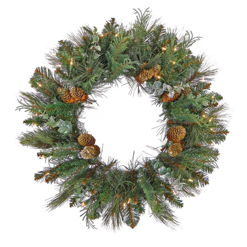30" Prelit LED Flocked North Conway Christmas Wreath with Pinecones Warm White Lights - National Tree Company, 1 of 4