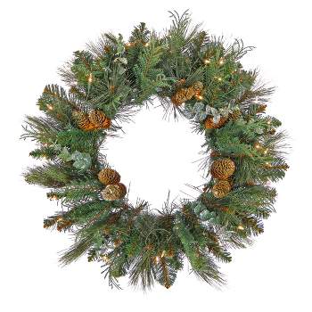National Tree Company First Traditions Pre-Lit North Conway Christmas Wreath with Pinecones and Frost, Warm White LED Lights, Plug In, 30 in