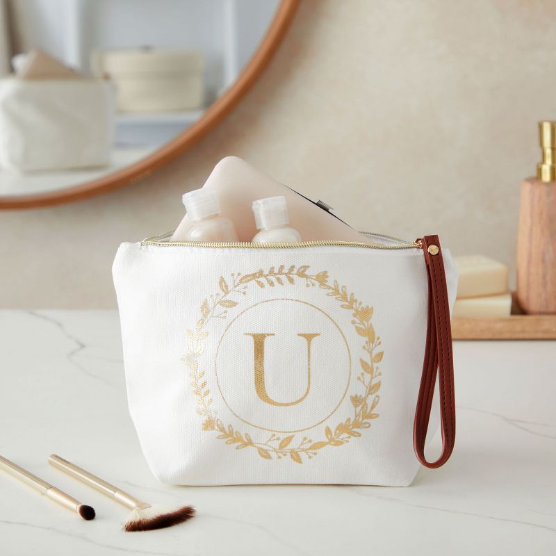 Gold Initial U Personalized Makeup Bag for Women, Monogrammed Canvas Cosmetic Pouch (White, 10 x 3 x 6 In), 2 of 9