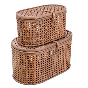 Storied Home Modern Decorative Oval Woven Rattan Storage Boxes, Set of 2 Sizes, Dark Brown Finish - 1 of 4