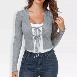 Womens Tie Front Cardigan Sweater Long Sleeve Crop Open Front Cardigan Ribbed Knit Crop Sweater Shrug,Gray - XL - 1 of 4