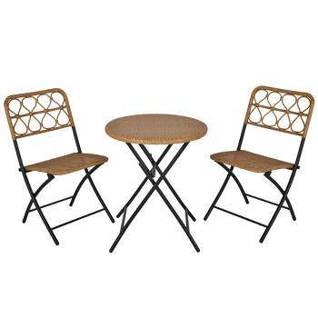 Outsunny 3 PCS Rattan Wicker Bistro Set with Easy Folding, Hand Woven Rattan Coffee Table and Chairs for Outdoor Lawn, Pool, Balcony & Garden