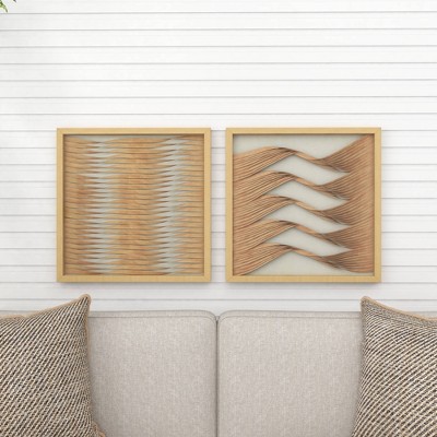 Large Brown Wood and Rattan Shadow Box Wall Art Set