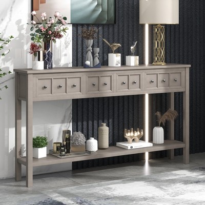 Solid Wood Rustic Console Table with Two Different Size Drawers and Bottom Shelf