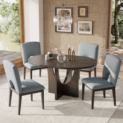5-Piece Extendable Round Dining Table Set With 16''Removable Leaf, Table Set With 4 Upholstered Chairs, Dining Sets Round-Cuddlewood