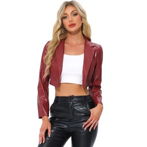 INSPIRE CHIC Women's Faux Leather One Button Lapel Collar Cropped Moto PU Jackets - 1 of 4