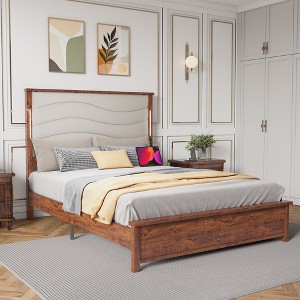 NicBex King Wood Bed Frame with Upholstered Headboard,Platform Bed Frame with LED and Charging Station,No Box Spring Needed,Easy Assembly,Beige - 1 of 4