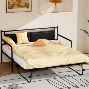 Karl Home Twin Size Metal Daybed Frame with Pop-up Trundle Bed and Charging Station with Upholstered Storage Headboard and LED Lights - 1 of 4