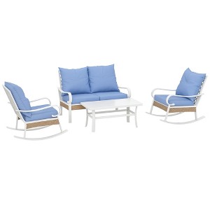 Outsunny 4 Piece Patio Furniture Set with Loveseat Sofa, Rocking Chairs, Coffee Table, Outdoor Conversation Set, Light Blue - 1 of 4
