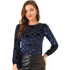 Allegra K Women's Polka Dots Burn-Out Long Sleeve Velvet Top - 1 of 4