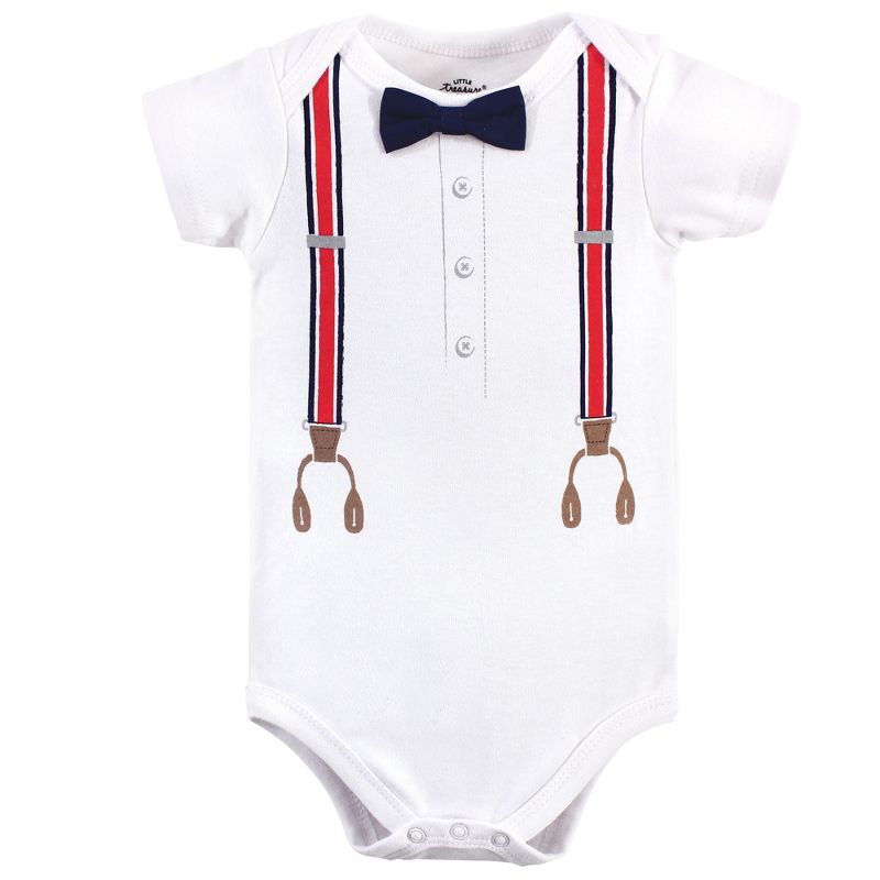 Little Treasure Baby Boy Cotton Bodysuit, Pant and Shoe 3pc Set, Red Navy Suspenders, 4 of 5