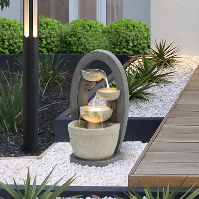 Gray Oval Cascading Bowls Resin Outdoor Fountain with LED Lights