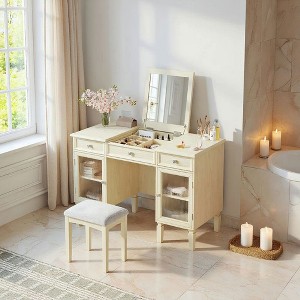 Resenkos 2-in-1 Vanity Desk with Flip-Top Mirror, Dressing Table Set with Drawer & Cabinet, White Oak - 1 of 4