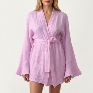 Anna-Kaci Lounge Women's Wrap Tie Front Night Robe and Ruffle Shorts 2-Piece Set - 1 of 4