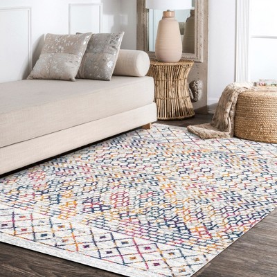 Moroccan Vintage Multi-Cream Geometric 3' x 5' Easy-Care Area Rug