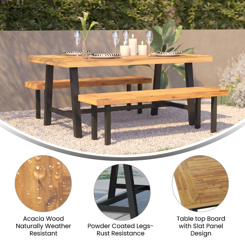 Emma and Oliver Natural Finish Solid Acacia Wood Dining Table with Black Metal Legs for Indoor and Outdoor Use, 5 of 11