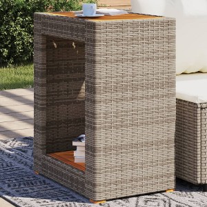 vidaXL Patio Side Table with Wooden Top Gray 23.6"x15.7"x29.5" Poly Rattan - 1 of 4