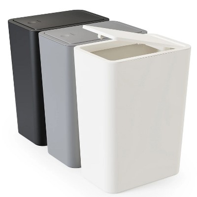 LunaLulinlk 3 Pack 10 Liter Small Lid Trash Can Plastic Trash Can, 2.6 Gallon Slim Trash Can Wastepaper Basket with Pop-Up Lid, White, Black, Gray