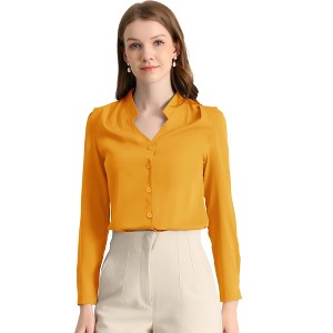 Allegra K Women's Elegant V Neck Work Office Button Up Shirt - 1 of 4