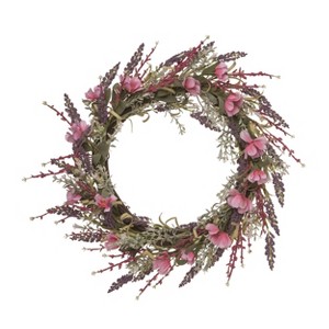 Transpac Natural Fiber 22" Multicolor Spring Twig Lavender and Blossom Wreath - 1 of 2