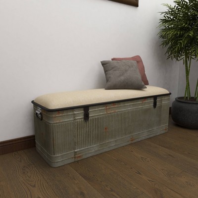 Gray Galvanized Metal Storage Bench with Beige Upholstered Seat