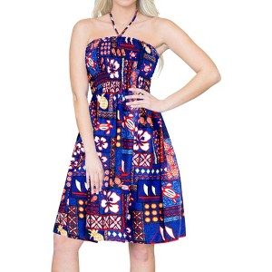 LA LEELA Women's House Daily Routine Evening Wear Boho Halter Smocked Mini Swing Casual Dress Tube Top Strapless for Women One Size Blue, Floral - 1 of 4