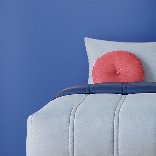 Grey & blue bedding set with rosy-red colored round pillow