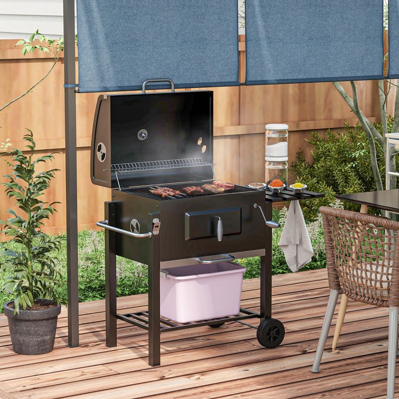 Outsunny Charcoal BBQ Grill, Outdoor Portable Cooker for Camping or Backyard Picnic with Side Table, Bottom Storage Shelf, Wheels and Handle, 3 of 7