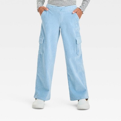 Image of Girls' Cozy Ribbed Wide Leg Cargo Pants - Cat & Jack™ Dusty Blue XL