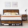 Metal Platform Bed Frame with Vintage Brown Wooden Headboard – Sturdy, No Box Spring Required - 3 of 4