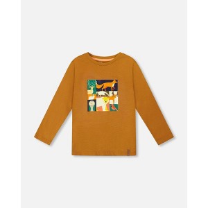 Deux par Deux Boy Long Sleeve Cotton Jersey Tee Shirt Orange Brown - 1 of 4