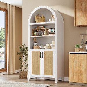 63'' Arched Pantry Storage Cabinet, Farmhouse 5 Tier Bookcase with Adjustable Shelf and 2 Glass/Rattan/Cross Doors, for Kitchen, Living Room, Bedroom - 1 of 4
